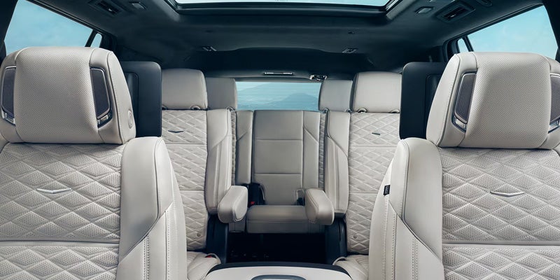 Interior view of the 2026 Cadillac Escalade, showcasing its quilted leather seats and spacious design.