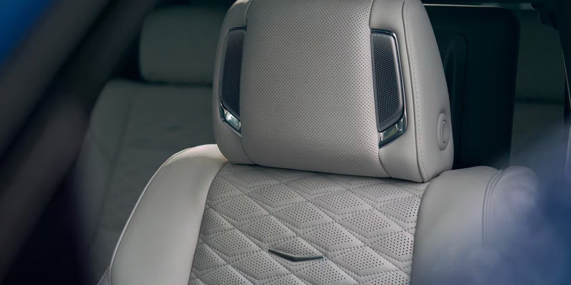 Close-up of the 2026 Cadillac Escalade’s quilted leather headrest and seat detailing